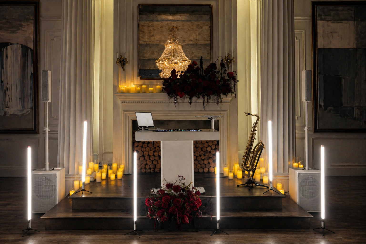 Knox Signature duo stage setup with white command center, speakers, and saxophone